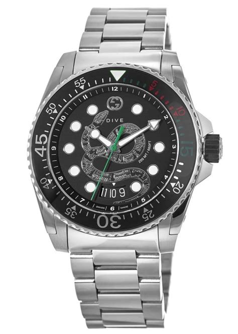 gucci dive black dial stainless steel mens watch|gucci dive watch 45mm snake.